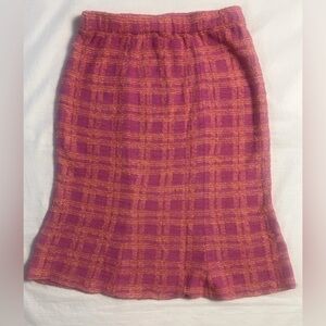 St. John Collection Pink Orange Multi Plaid Flared Hem Knit Midi Skirt Size 4